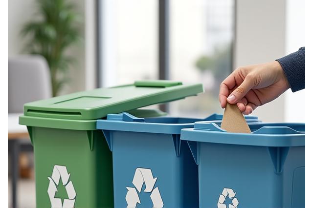 Waste disposal and recycling bins in a tidy office